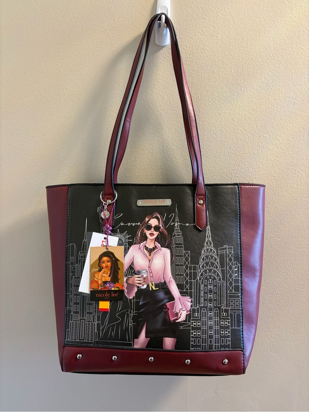 Nicole Lee Burgundy & Black Cityscape Tote